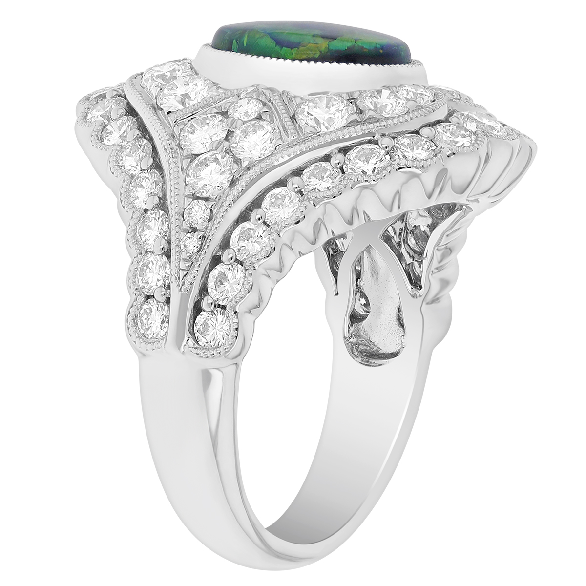 Oval Black Opal & Diamond Scalloped Milgrain Ring in White Gold