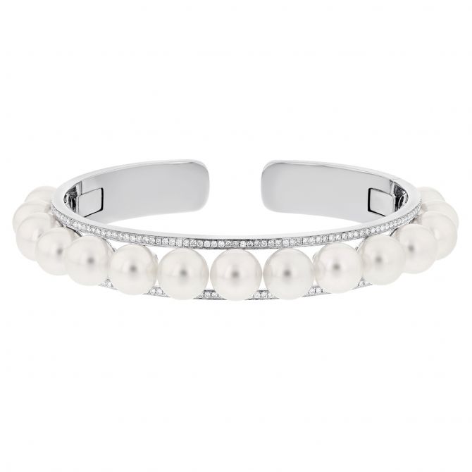TARA Pearls White Cultured Pearl & Diamond Cuff Bangle Bracelet in White Gold