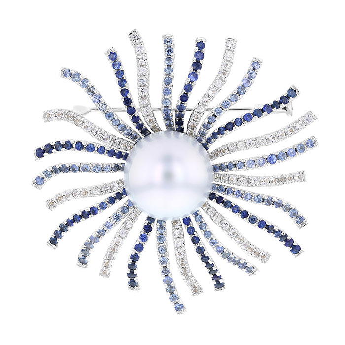 TARA Pearls White South Sea Cultured Pearl, Blue & White Sapphire Anemone Brooch in White Gold