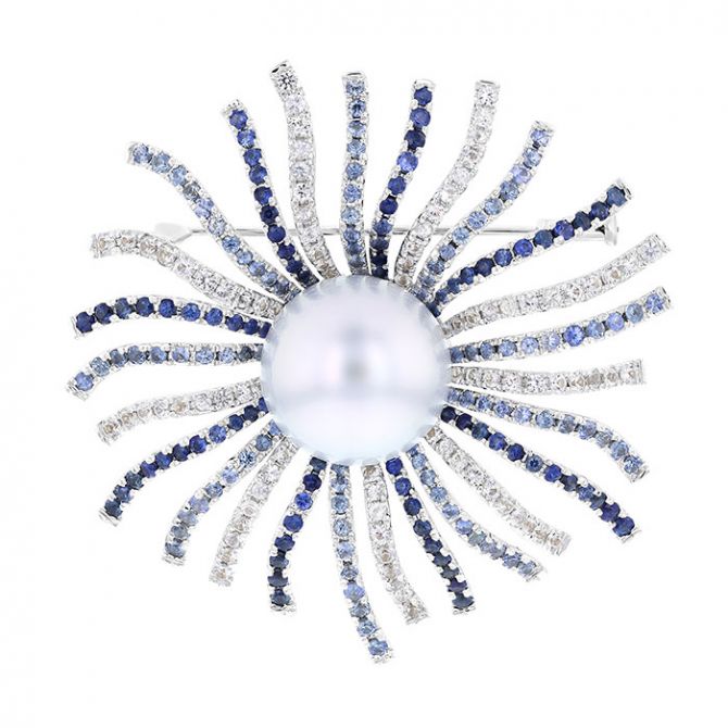 TARA Pearls White South Sea Cultured Pearl, Blue & White Sapphire Anemone Brooch in White Gold