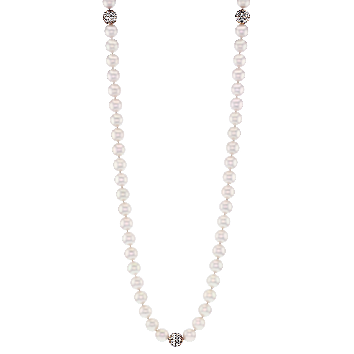 TARA Pearls White Cultured Pearl 8x8.5 mm Strand  with Diamond Pave Beads in Rose Gold, 36