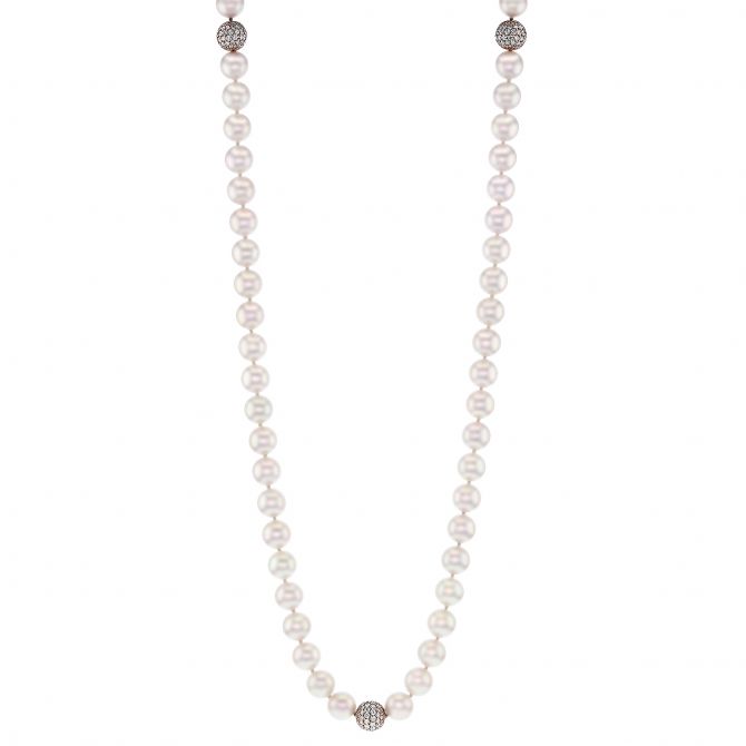 TARA Pearls White Cultured Pearl 8x8.5 mm Strand  with Diamond Pave Beads in Rose Gold, 36"