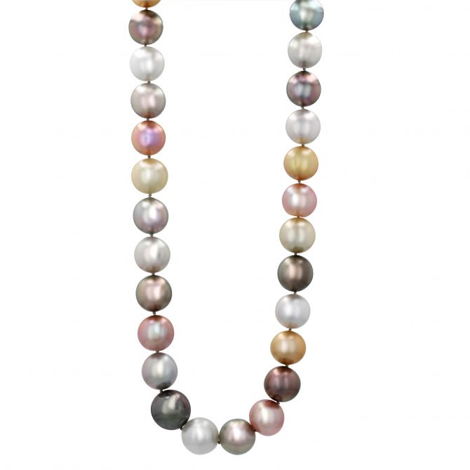 TARA Pearls Black Tahitian, Gold White South Sea, & Pink Freshwater Cultured Pearl & Diamond Strand