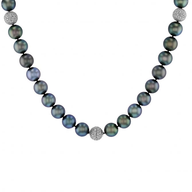 TARA Pearls Black Tahitian South Sea Cultured Pearl & Diamond Pavé Bead Strand in White Gold, 18"