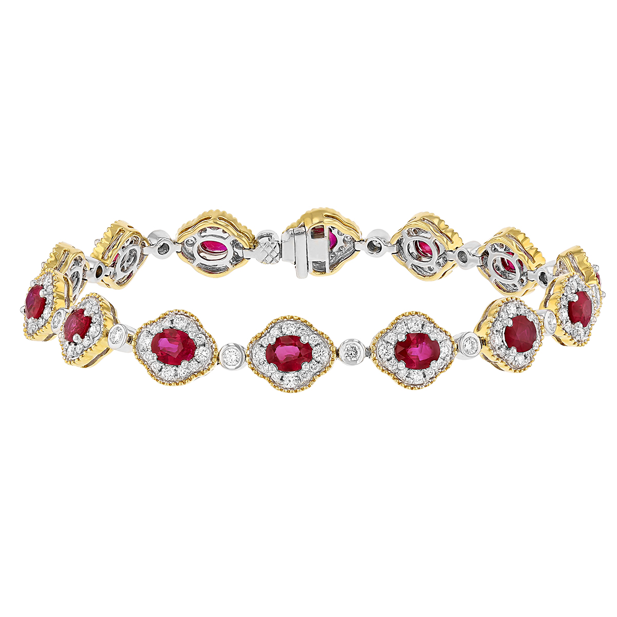 Ruby & Diamond Milgrain Quatrefoil Halo Bracelet in Two Tone, 7.5