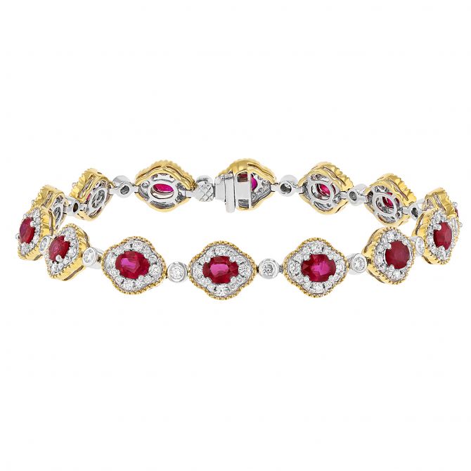 Ruby & Diamond Milgrain Quatrefoil Halo Bracelet in Two Tone, 7.5"