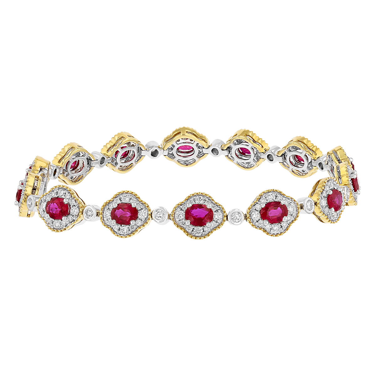 Ruby & Diamond Milgrain Quatrefoil Halo Bracelet in Two Tone, 7.5