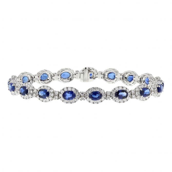 Oval Sapphire & Diamond Halo Bracelet in White Gold, 7.5"