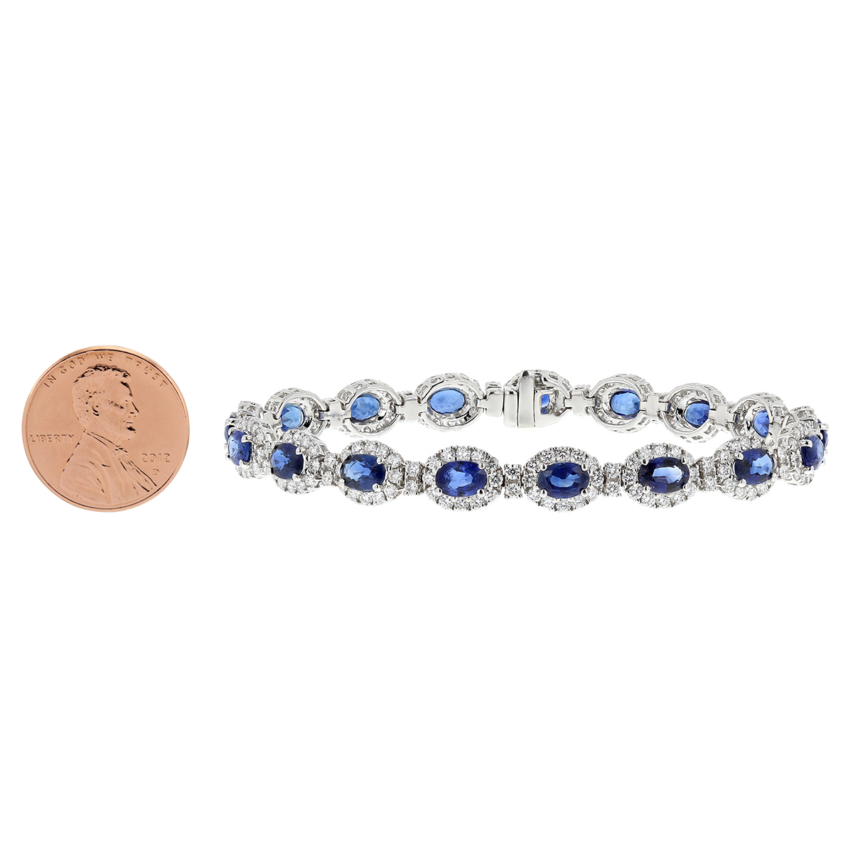 Oval Sapphire & Diamond Halo Bracelet in White Gold, 7.5