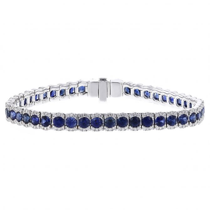 Sapphire & Diamond Scalloped Edge Bracelet in White Gold, 7"