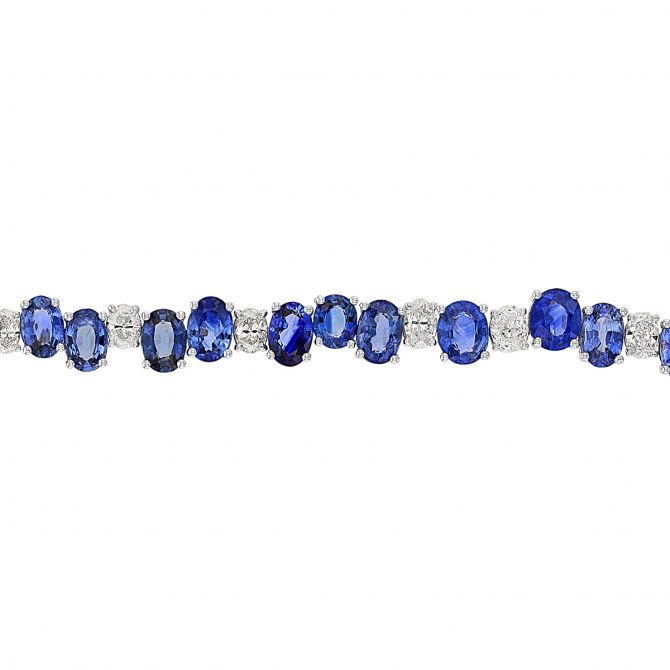 Oval Sapphire & Diamond Staggered Tennis Bracelet in White Gold