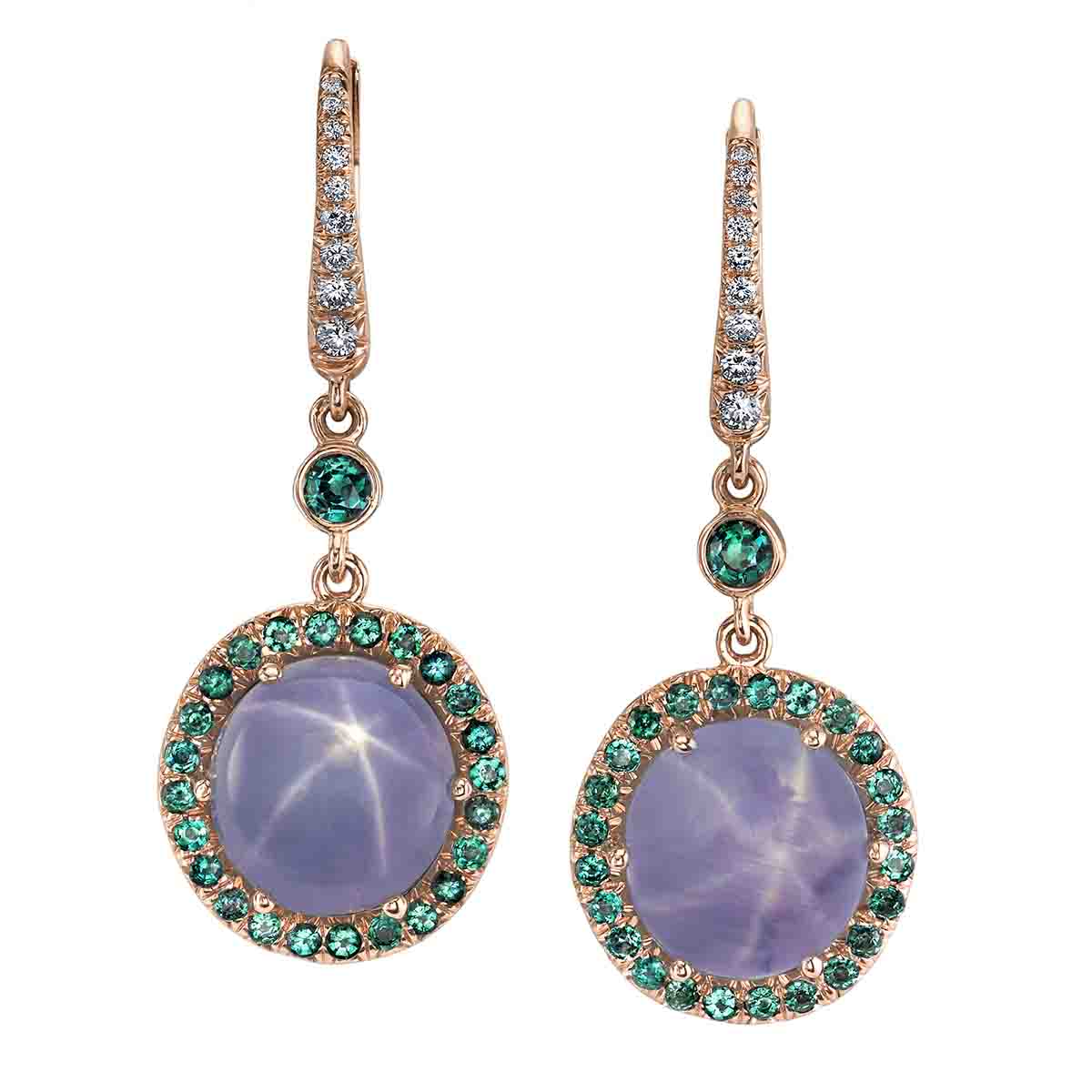 Omi Prive Cabochon Purple Star Sapphire, Alexandrite, & Diamond Drop Earrings in Rose Gold