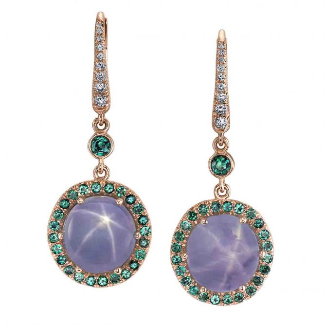 Omi Prive Cabochon Purple Star Sapphire, Alexandrite, & Diamond Drop Earrings in Rose Gold