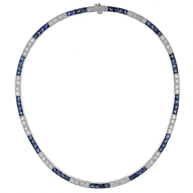 French Cut Sapphire & Round Diamond Tennis Necklace in White Gold