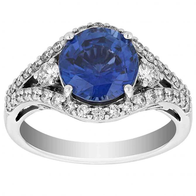 Round Sapphire & Diamond 3 Stone Split Halo Ring in White Gold