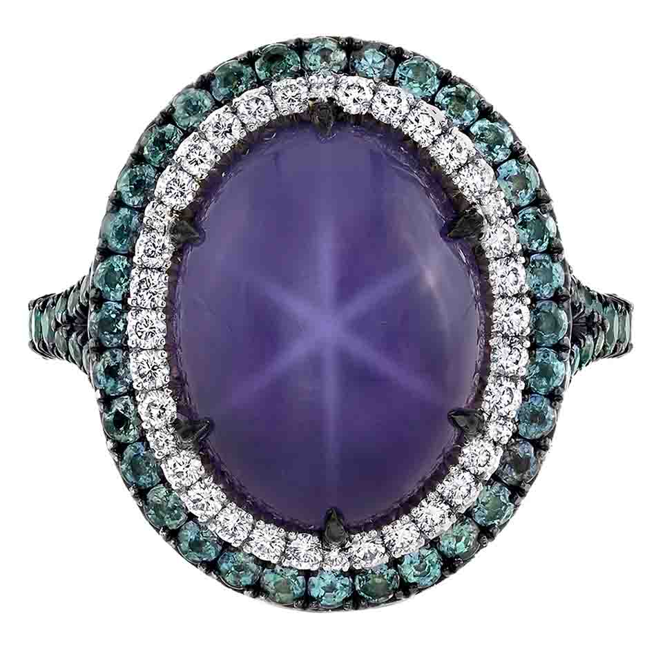 Omi Prive Oval Cabochon Purple Star Sapphire, Alexandrite & Diamond Double Halo Ring in Platinum
