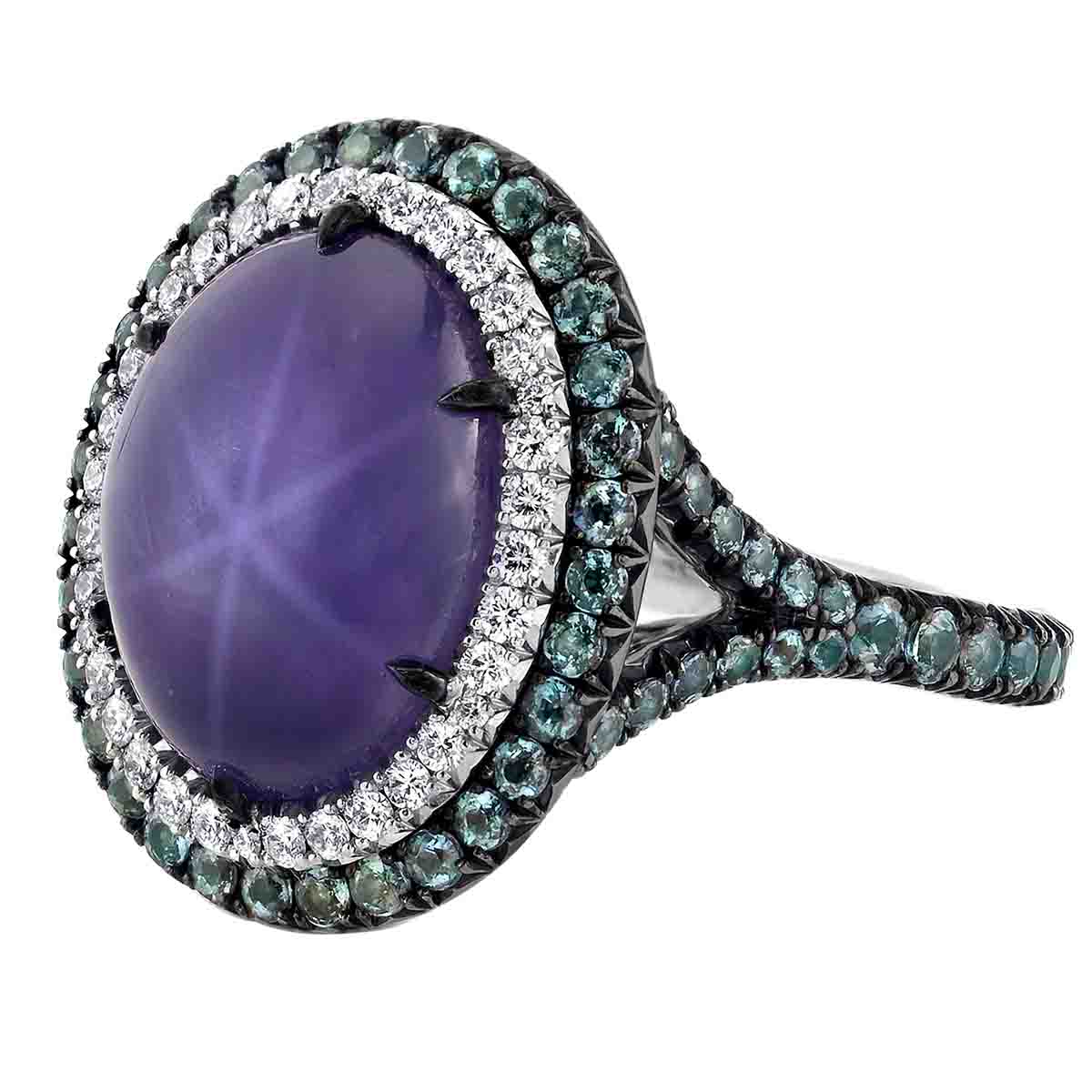 Omi Prive Oval Cabochon Purple Star Sapphire, Alexandrite & Diamond Double Halo Ring in Platinum