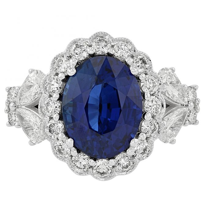 Oval Sapphire Ring with Diamond Milgrain Scalloped Halo & Shank in White Gold