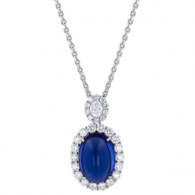 Oval Cabochon Tanzanite & Diamond Halo Pendant in White Gold, 17"