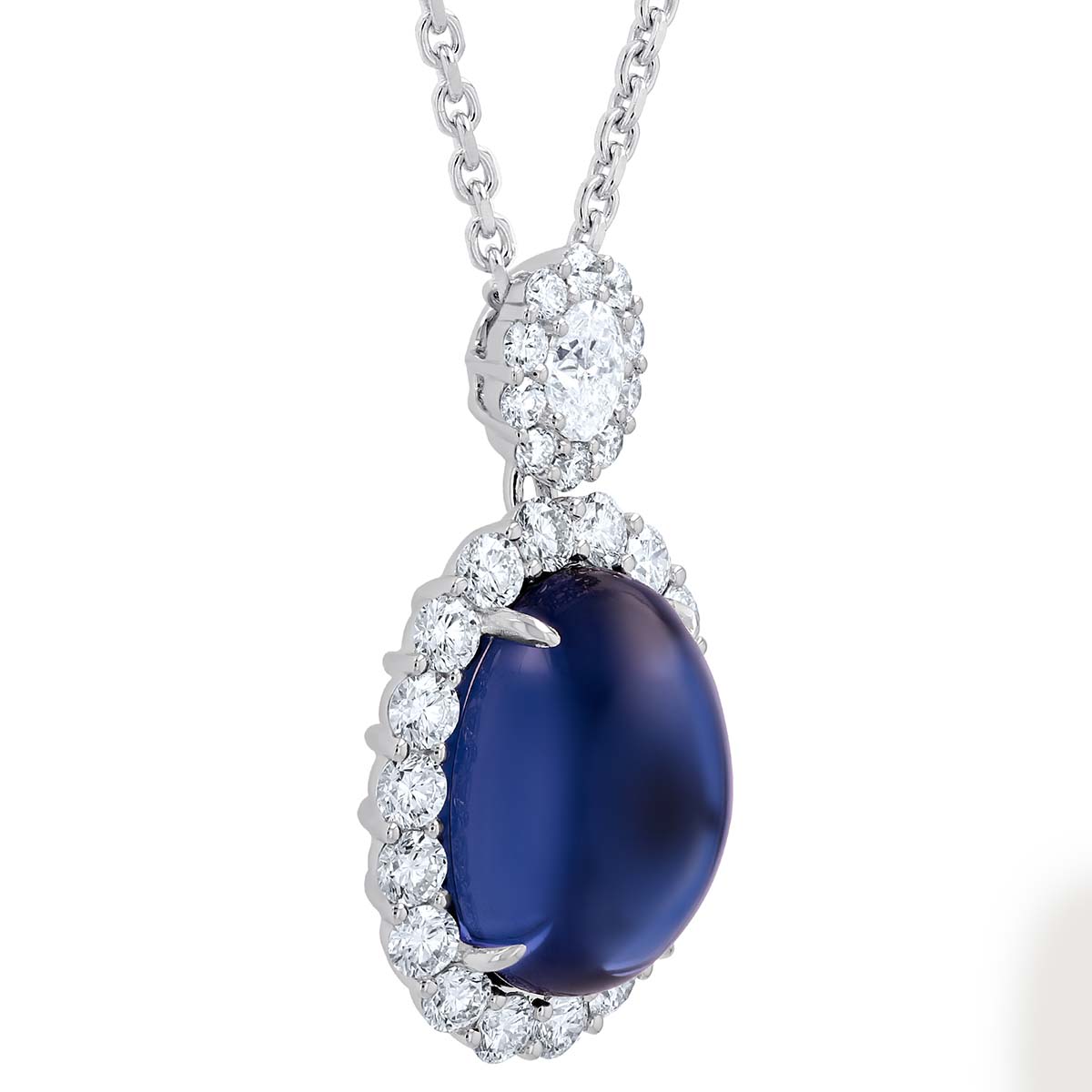 Oval Cabochon Tanzanite & Diamond Halo Pendant in White Gold, 17