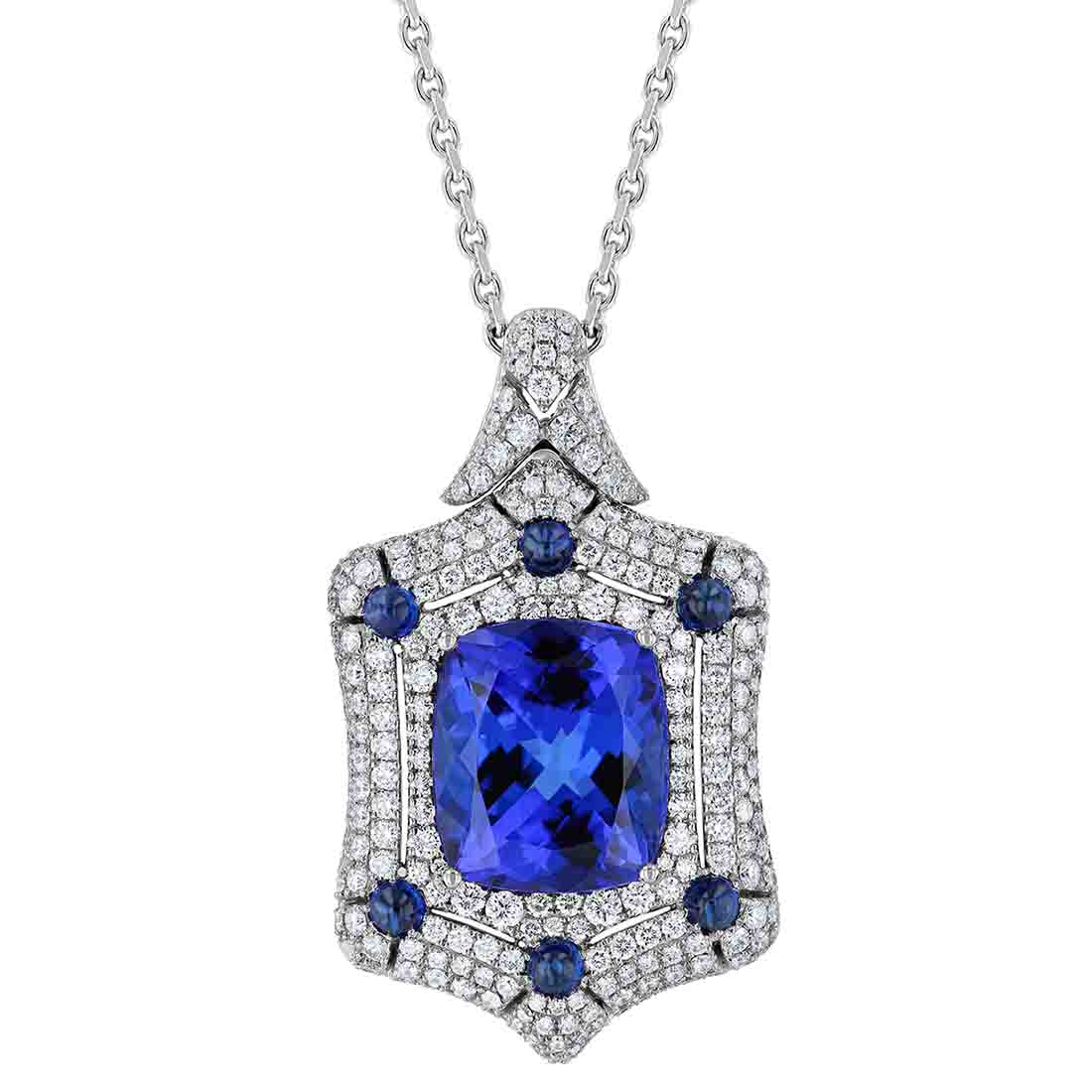 Cushion Tanzanite Pendant with Diamond Pavé and Cabochon Sapphires in White Gold, 17