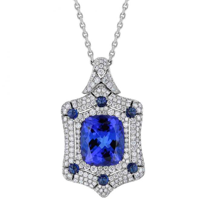 Cushion Tanzanite Pendant with Diamond Pavé and Cabochon Sapphires in White Gold, 17"