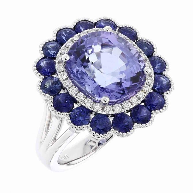 18K White Gold Cushion Tanzanite Ring with Sapphire & Diamond Flower Halo
