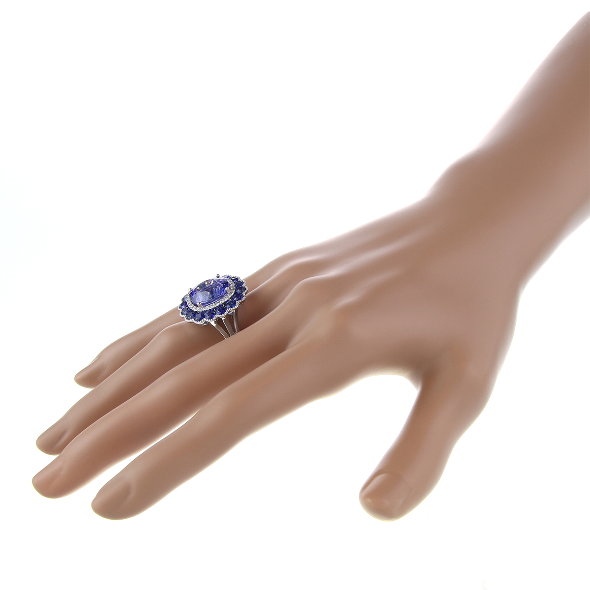 18K White Gold Cushion Tanzanite Ring with Sapphire & Diamond Flower Halo
