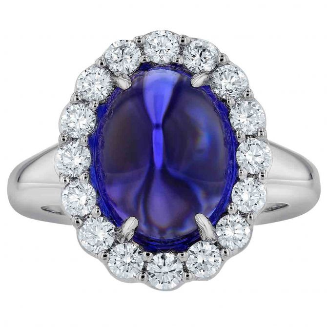 Oval Cabochon Tanzanite & Diamond Halo Ring in White Gold