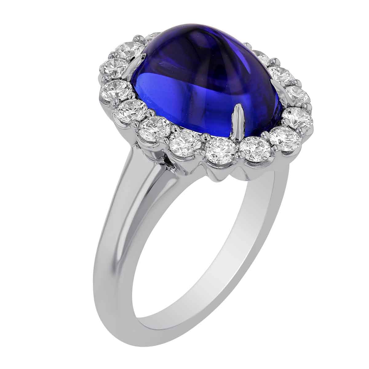 Oval Cabochon Tanzanite & Diamond Halo Ring in White Gold