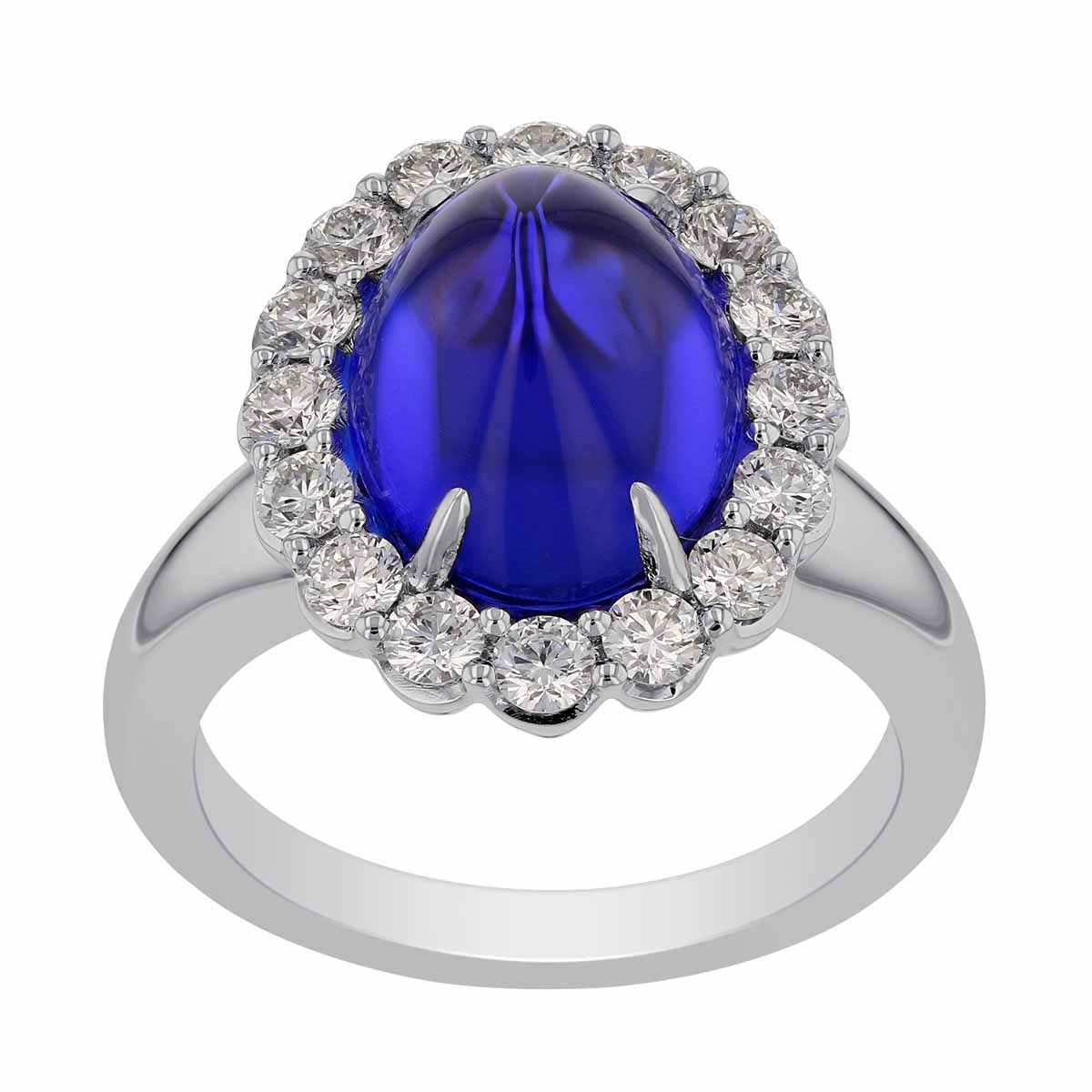 Oval Cabochon Tanzanite & Diamond Halo Ring in White Gold