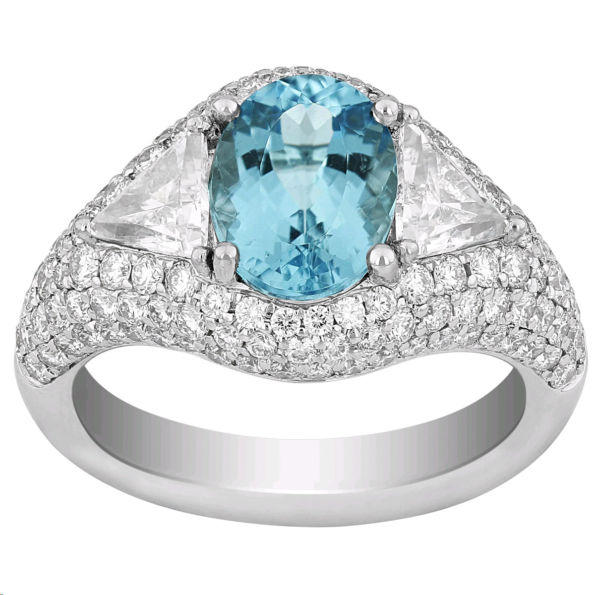 Oval Paraiba Tourmaline & Trillion Diamond 3 Stone Ring with Pavé Shoulders in Platinum