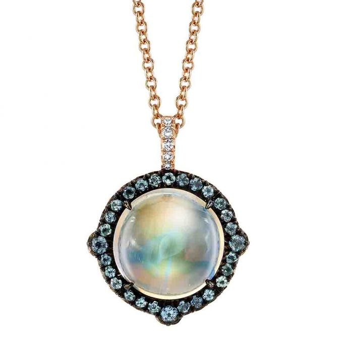 Omi Prive Moonstone Cabochon & Alexandrite Halo Pendant in Rose Gold & Black Rhodium