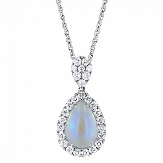 Pear Shaped Cabochon Moonstone & Diamond Halo Pendant in White Gold, 17"