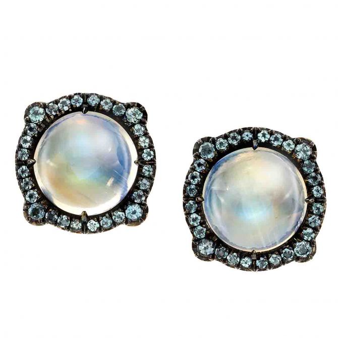 Omi Prive Moonstone Cabochon & Alexandrite Halo Post Earrings in Rose Gold & Black Rhodium