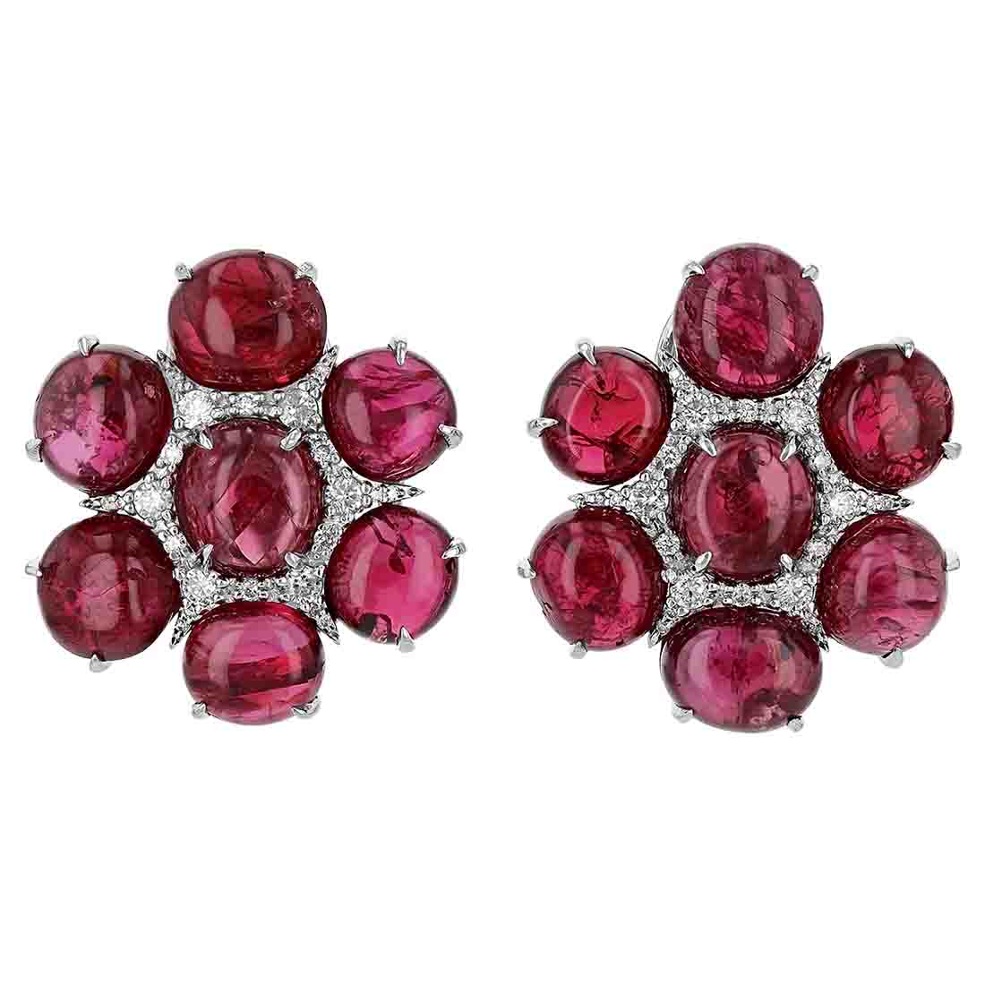 Oval Cabochon Red Spinel & Diamond Flower Post Earrings with Omega Backs in White Gold