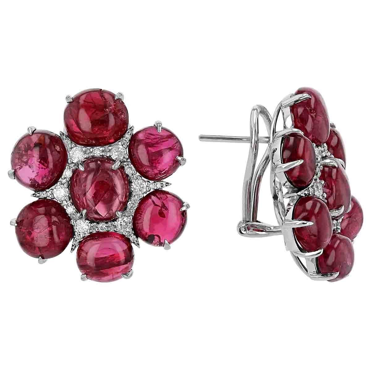 Oval Cabochon Red Spinel & Diamond Flower Post Earrings with Omega Backs in White Gold