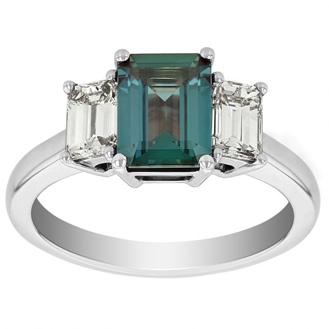 Emerald Cut Alexandrite & Diamond 3 Stone Ring in White Gold