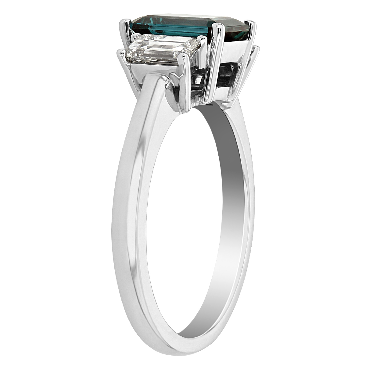Emerald Cut Alexandrite & Diamond 3 Stone Ring in White Gold