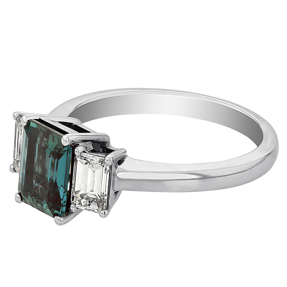 Emerald Cut Alexandrite & Diamond 3 Stone Ring in White Gold