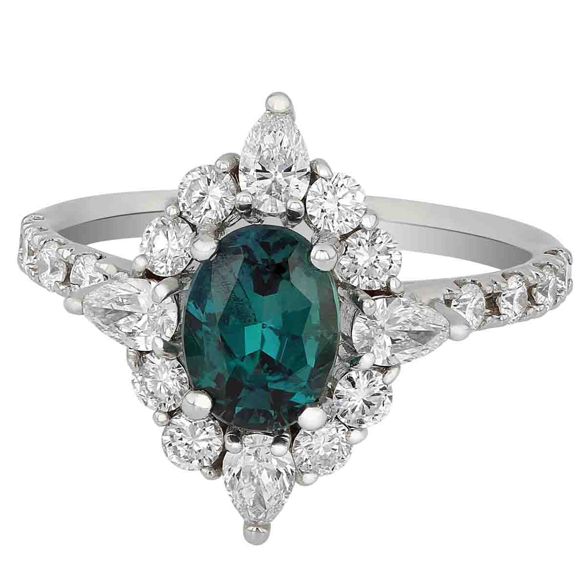 Oval Alexandrite & Diamond Halo Ring in White Gold