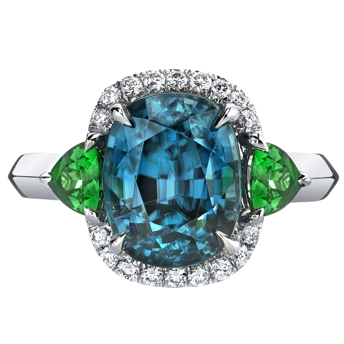 Omi Prive Cushion Blue Zircon, Trillion Tsavorite & Diamond Halo Ring in White Gold