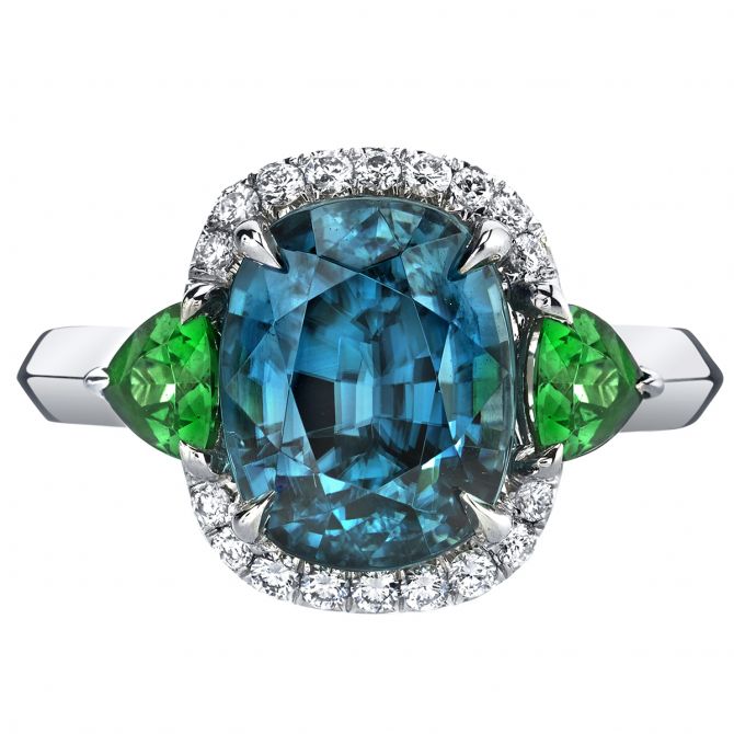 Omi Prive Cushion Blue Zircon, Trillion Tsavorite & Diamond Halo Ring in White Gold