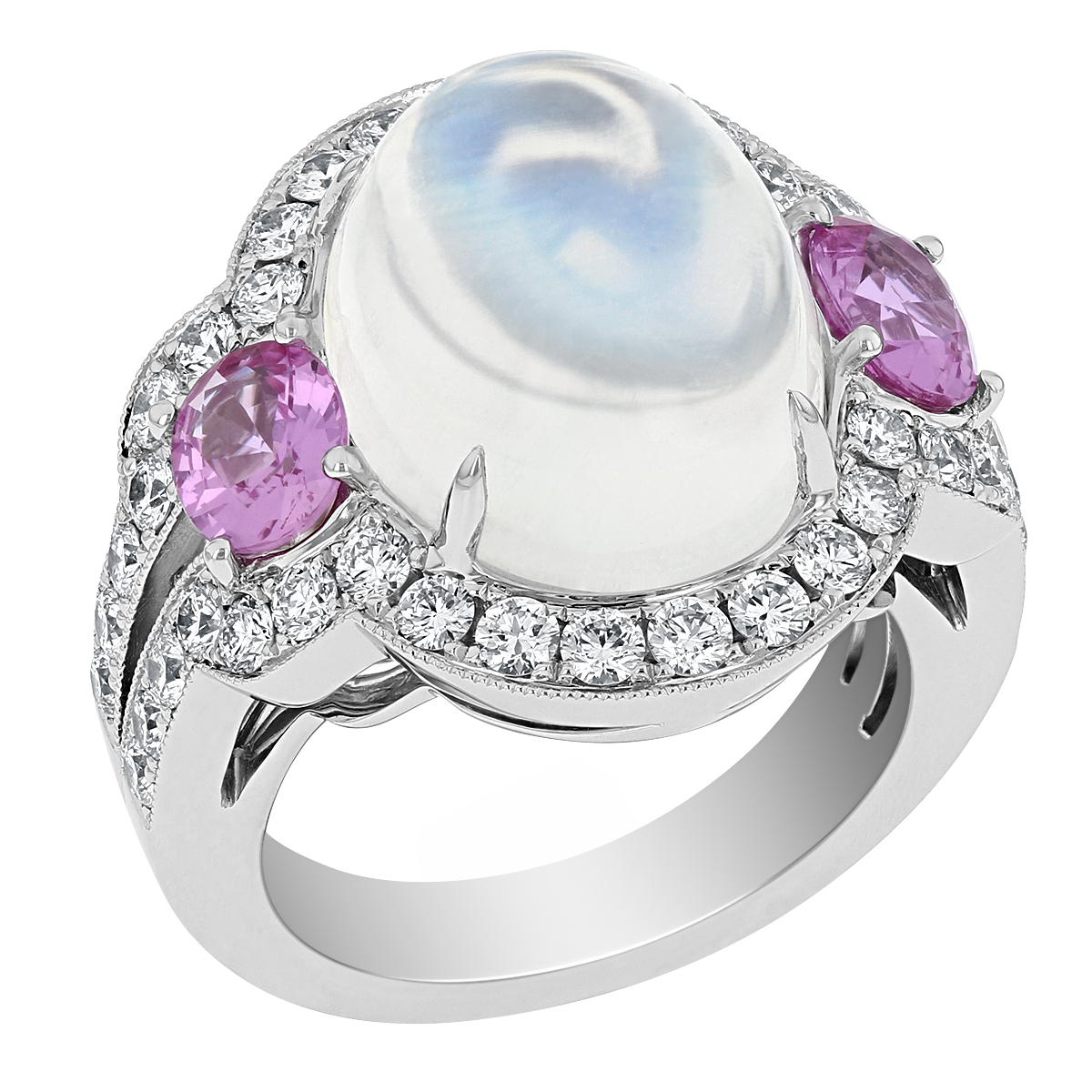 Cabochon Moonstone, Pink Sapphire & Diamond Halo Ring in White Gold