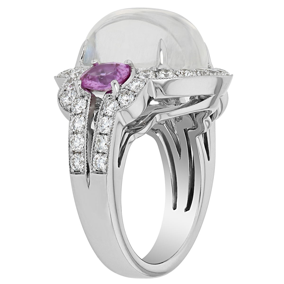Cabochon Moonstone, Pink Sapphire & Diamond Halo Ring in White Gold