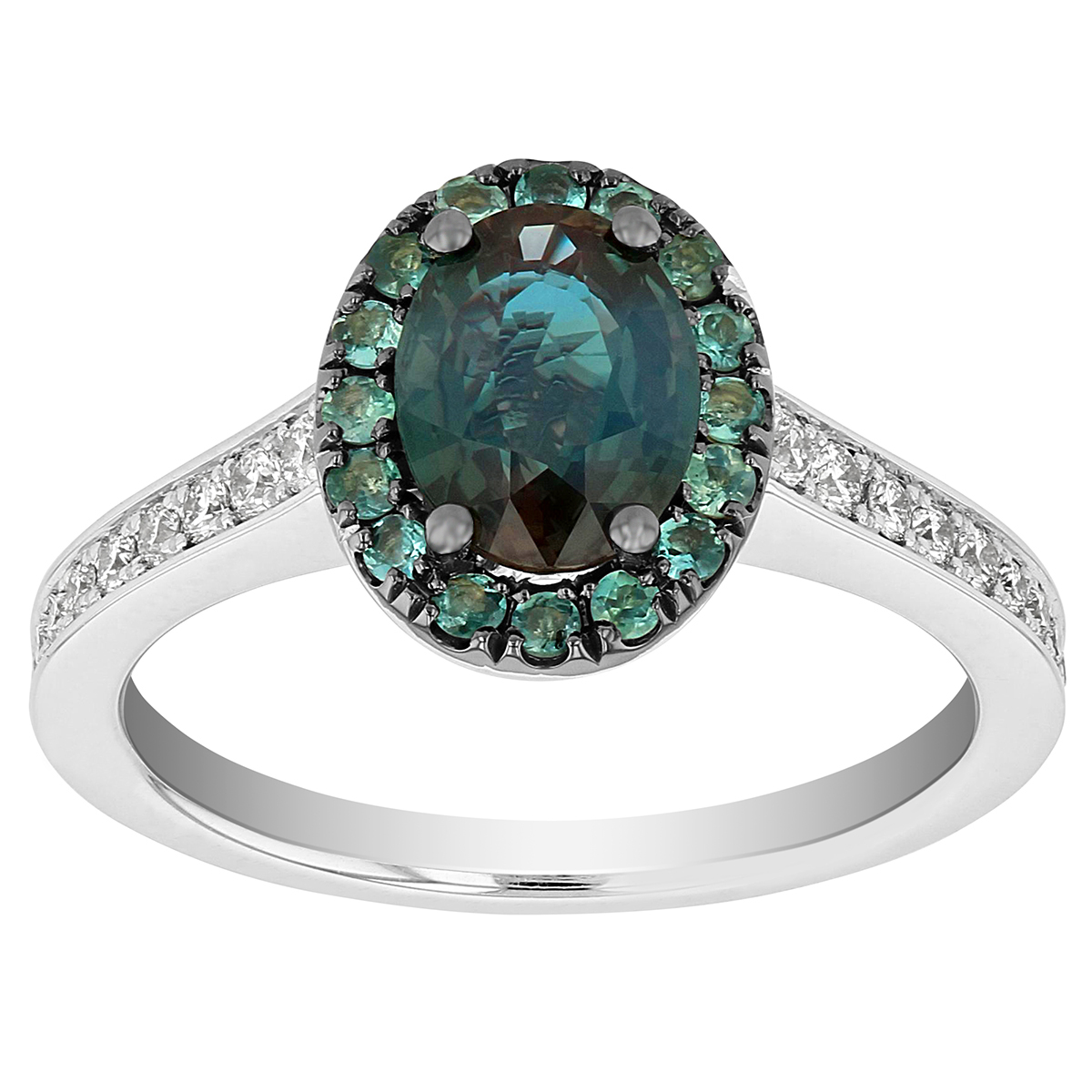 Oval Alexandrite Ring with Halo & Diamond Shank in White Gold
