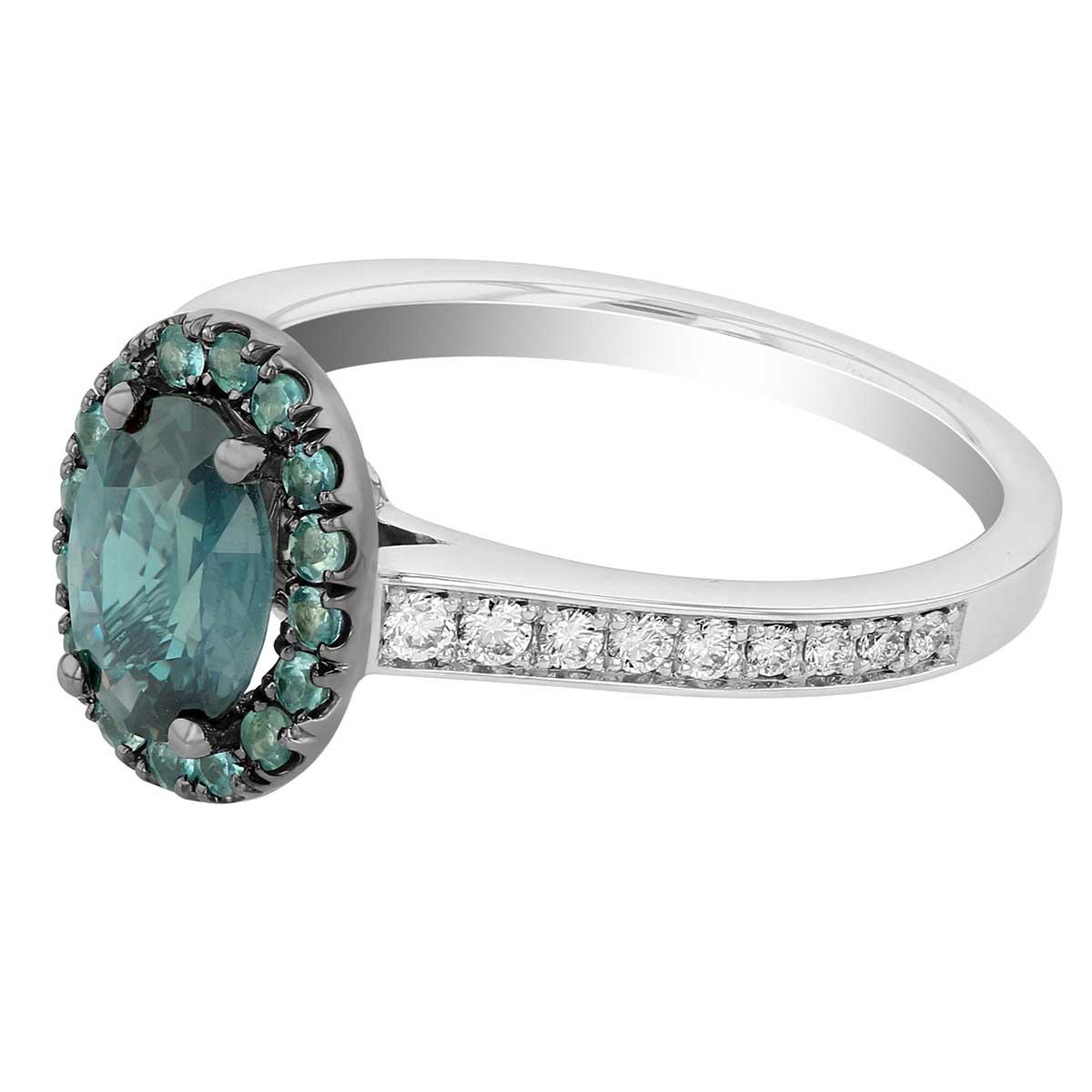 Oval Alexandrite Ring with Halo & Diamond Shank in White Gold
