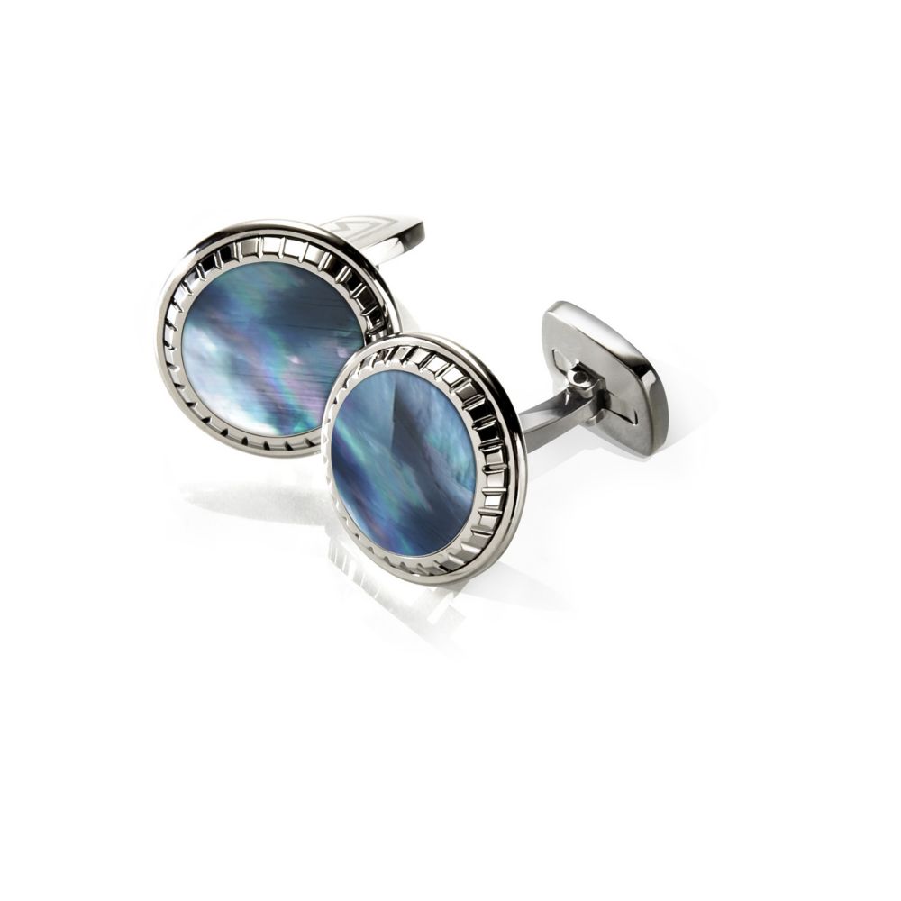 M-Clip Gray Mother of Pearl Carved Round Cufflinks