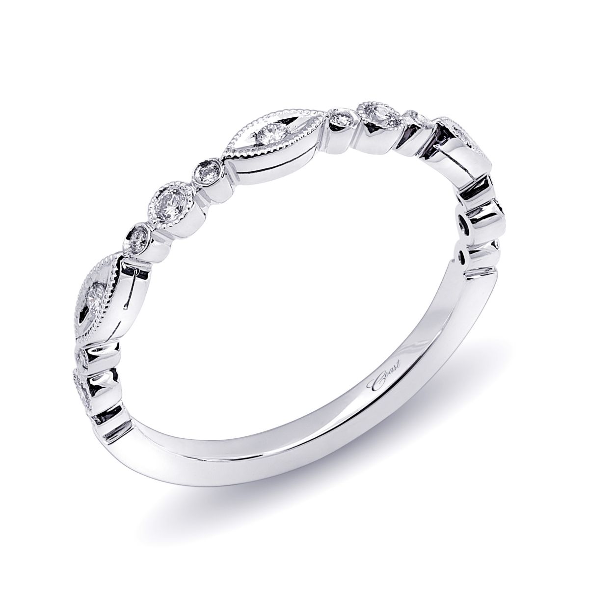 14K White Gold Diamond Milgrain Patterned Wedding Band