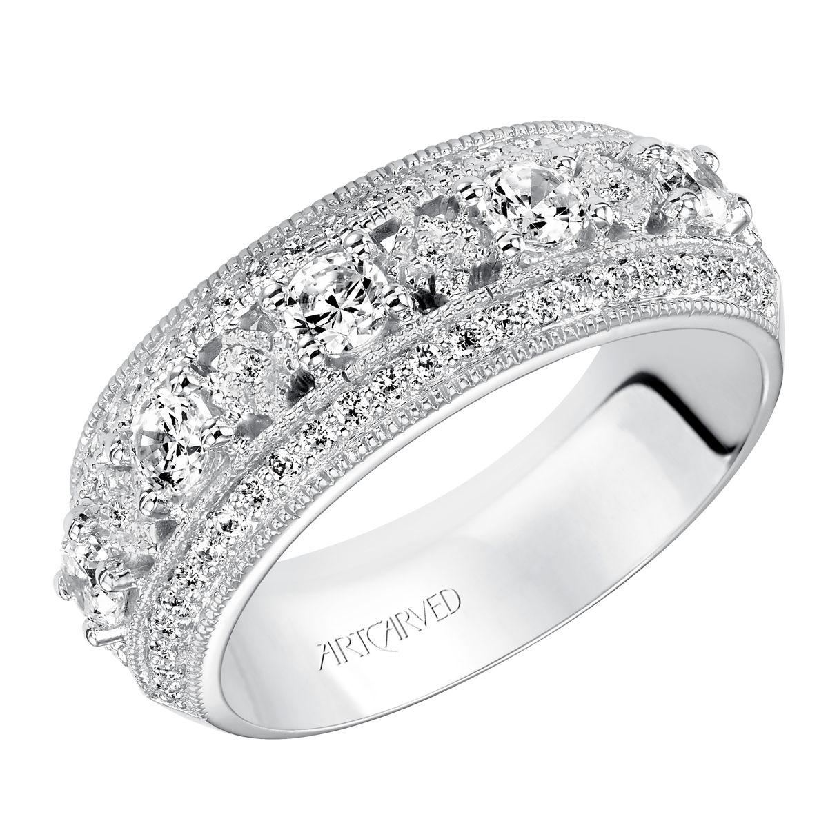 ArtCarved 14K White Gold Three Row Patterned Diamond Band